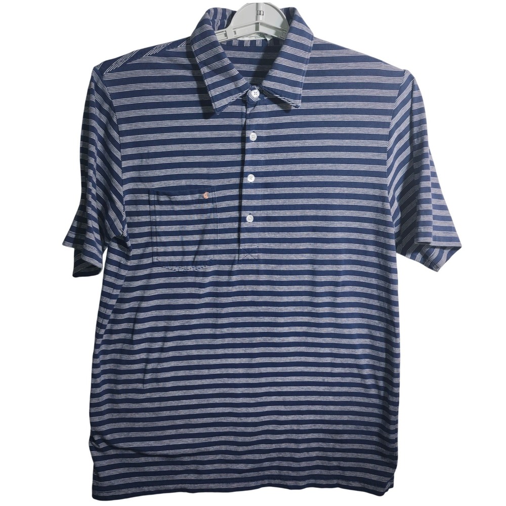 Criquet Mens Striped Players Polo Shirt‎ Navy Blue White Short Sleeve Size M